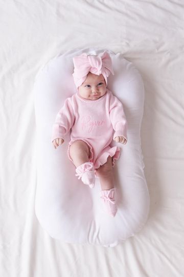 Personalized Knit Baby Girl Ruffle Romper, Embroidered Newborn Coming Home Outfit, Birth Announcement, Baby Shower Gift