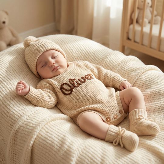 Personalized Knitted Baby Romper Set with Hat & Booties, Custom Embroidered Name Newborn Outfit, Coming Home Suit, Hand-Stitched Gift