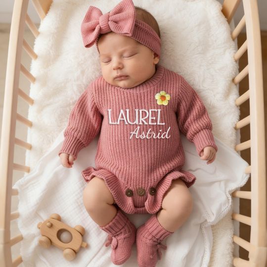 Discover Embroidered Name Baby Romper Set, Personalized Outfit, Baby Boy Romper Baby Girl Romper, Knit Ruffle Romper, Baby Shower Gift, Newborn Gift