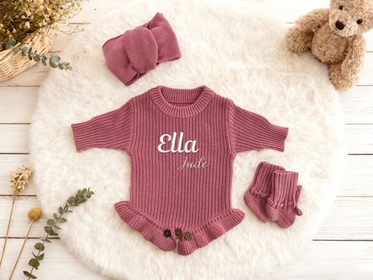 Custom Embroidered Knit Romper  Personalized Name Outfit, Ruffle Infant One-Piece, Baby Shower or Christmas Gift, Rose Pink Ruffled Romper