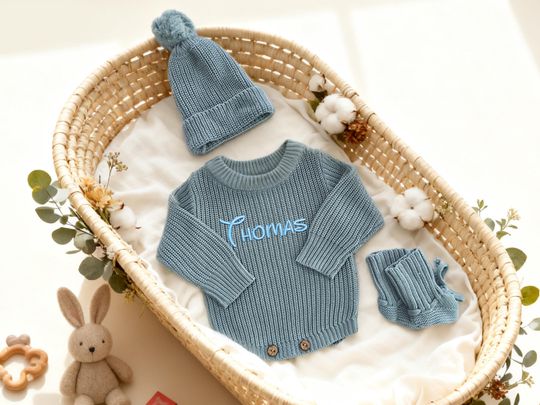 Discover Custom Embroidered Baby Romper, Personalized Infant Outfit, Knit Name Blue Romper, Baby Boy Shower Gift, Newborn Gifts, First Birthday Gift