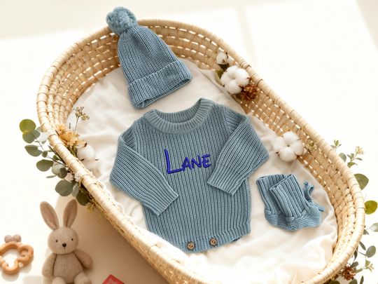 Discover Personalized Baby Ruffle Romper, Custom Name Embroidered Romper, Newborn Knit Outfit, Baby Shower Present, First Birthday or Christmas Gift