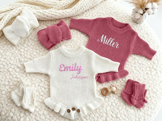 Personalized Baby Name Romper, Custom Embroidered Infant Outfit, Knit Ruffle Baby Romper, First Birthday Xmas Baby Gift