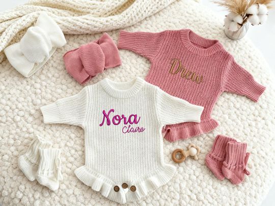 Personalized Embroidered Baby Ruffle Romper, Custom Infant Outfit, Newborn Name Romper, Baby Shower Gift