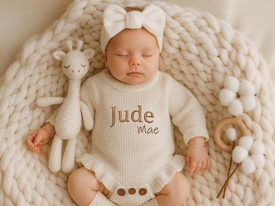 Discover Custom Embroidered Baby Romper, Personalized Ruffle Outfit, Newborn Name Onesie, Baby Shower Gift, First Birthday/Holiday Outfit, Xmas Gift