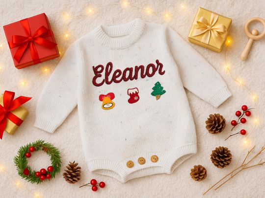 Hand Embroidery Baby Romper, Custom Baby Name Knit Romper, Christmas Baby Outfit, Holiday Gift, First Christmas Gift, Personalized Baby Gift