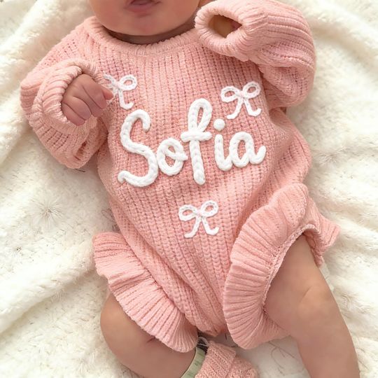 Discover Personalized Embroidery Romper, Newborn Romper with Name, Infant Ruffle Romper, Announcement Outfits, New Baby Gifts