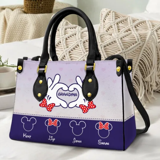 Discover Grandma Purse - Heart Hand with Ear Kids - Personalized Leather Handbag for Mom