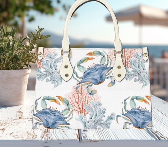 Beach Blue Crab Coral Reef Leather Tote Bag with Strap and Latch Closure