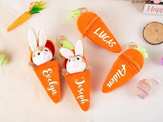 Personalized Carrot Bunny Plush Keychain, Hidden Bunny Easter Bag Charm