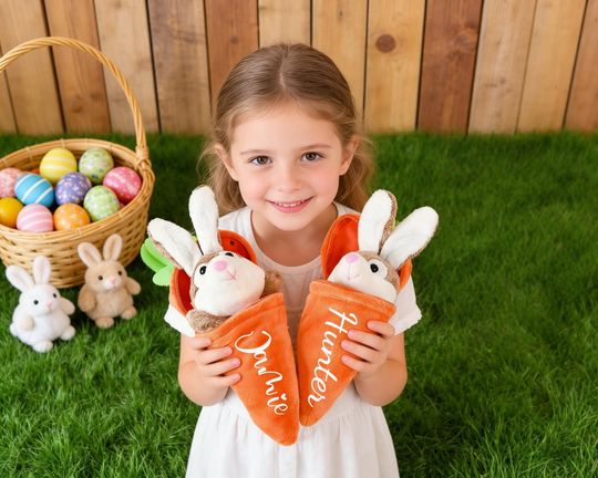 Personalized Reversible Carrot Plush Toy, Custom Plush Rabbit Keychain, Custom Cute Easter Bunny Keychain, Kids Easter Gifts with Name