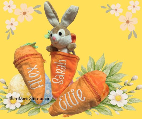 Personalized Carrot Plush Toy with hidden Bunny Rabbit. Customize Cute Easter Bunny Keychain/Easter Gifts Reversible, Easter Basket Stuffer