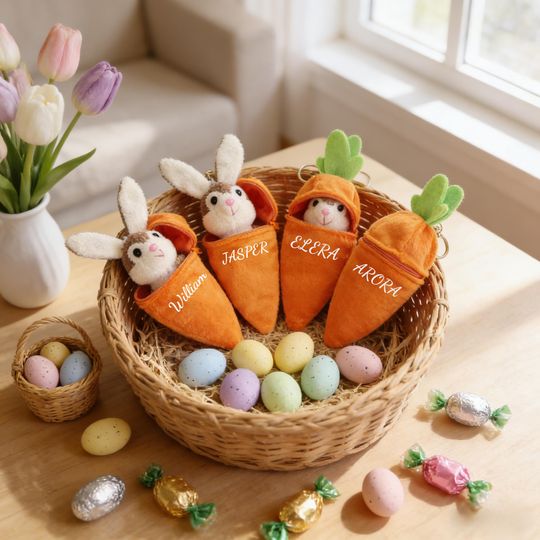 Discover Personalized Easter Bunny Carrot Keychain, Custom Name Rabbit Plush Keyring, Spring Gift for Kids,  Personalized Baby Gift
