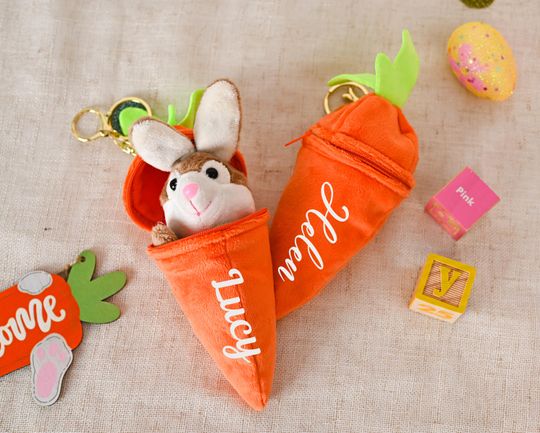 Personalised Easter Carrot with Plush Bunny: Easter Gifts for Kids, Plush Carrot Keychain, Carrot Toy with Bunny, Easter Gifts for Girl/Boy