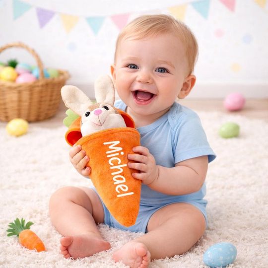 Personalized Bunny in Carrot, Customized Stuffed Rabbit ,Customize Cute Easter Bunny Keychain, Cute Easter Gift for Kids