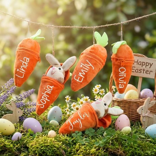 Personalized Bunny Plush Carrot Keychain, Custom Name Reversible Rabbit Toy, Cute Easter Basket Gift for Kids, Bunny Bag Charm
