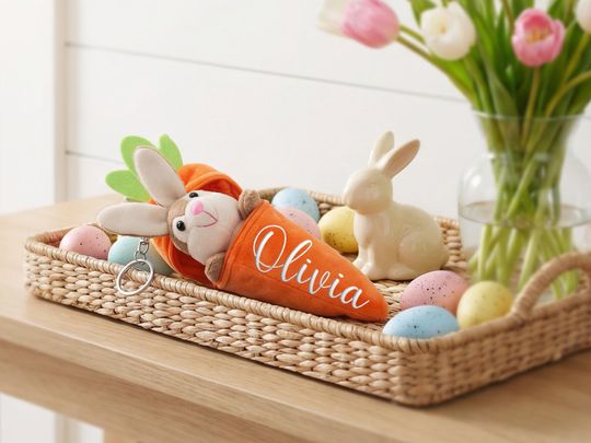 Discover Personalized Carrot Bunny Keychain, Plush Easter Basket Stuffer, Custom Name Zipper Pouch Keyring, Kids Egg Hunt Gift,Bunny Carrot Bag Charm