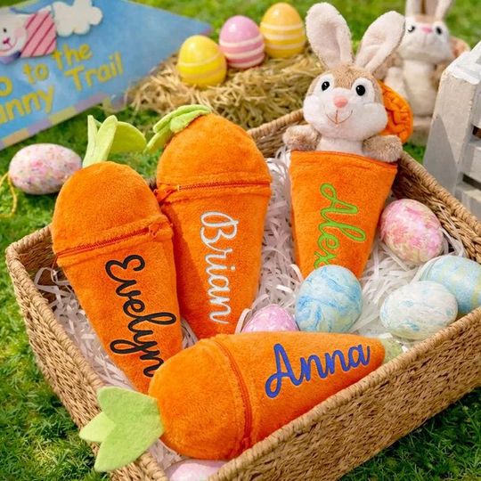 Personalized Easter Bunny Carrot Plush Keychain, Custom Name Reversible Carrot Bunny Toy, Kids Easter Basket Stuffer, Cute Bag Charm Gift