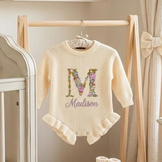 Discover Custom Baby Floral Name Romper, Embroidered Floral Baby Ruffle Romper, Newborn Outfit, Baby Shower Gift, Coming Home, First Birthday Gift
