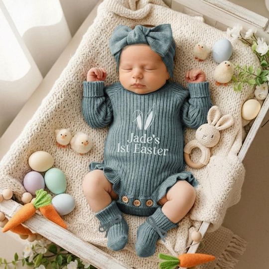 Discover Personalized Baby Easter Romper, Custom Embroidered Baby Name Outfit, Baby Bunny Romper Set, My First Easter Outfit, Baby Shower Gift