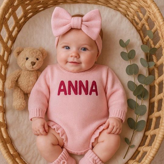 Discover Personalized Baby Knit Romper Set, Embroidered Infant Romper, Newborn Romper, Baby Shower Gift,First Birthday Gift,Custom Baby Name Romper