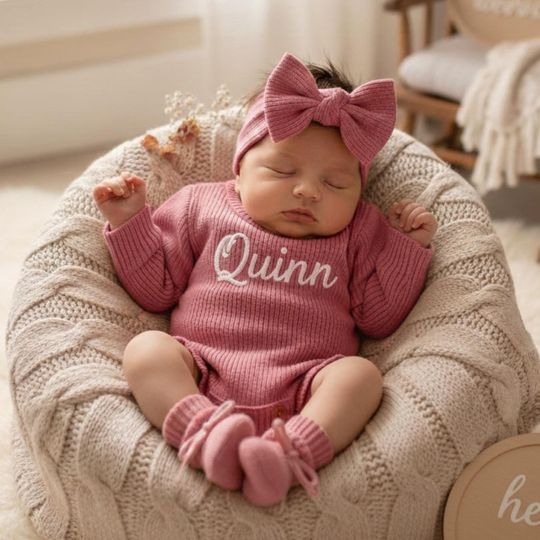 Discover Personalized Embroidered Newborn Romper, Custom Baby Ruffle Romper Set, Knitted Cotton Baby Outfit, Coming Home Outfit, Baby Shower Gift