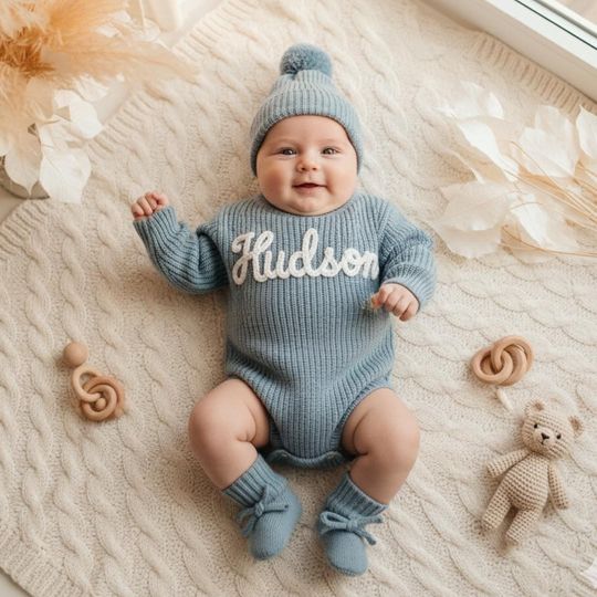 Custom Hand-Embroidered Newborn Name Romper, Baby Ruffle Romper Set, Baby Shower Gift, Coming Home Outfit, Birthday Gift