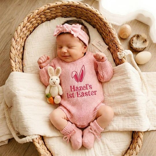 Discover Personalized Baby Name Romper, Embroidered Baby Easter Romper, Baby Easter Bunny Outfit, Baby Shower Gift, My First Easter,First Easter Gift