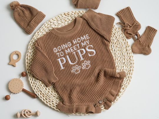 Discover Embroidered Going Home to Meet My Pups Baby Romper, Cotton Ruffle Sweater, Baby Clothes