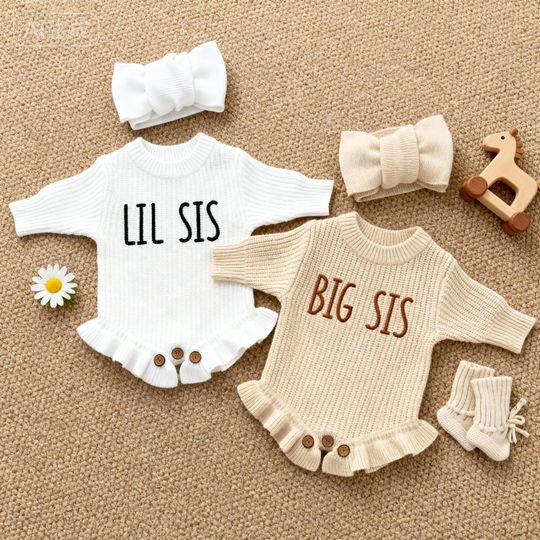 Discover Custom Baby Knit Romper, Embroidered Big Sister Little Sister Outfit, Pregnancy Announcement, Newborn Gift