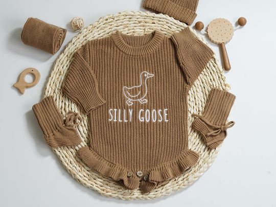 Ruffle Sweater Romper with Embroidered Silly Goose, Baby Bodysuit, Baby Shower Gift