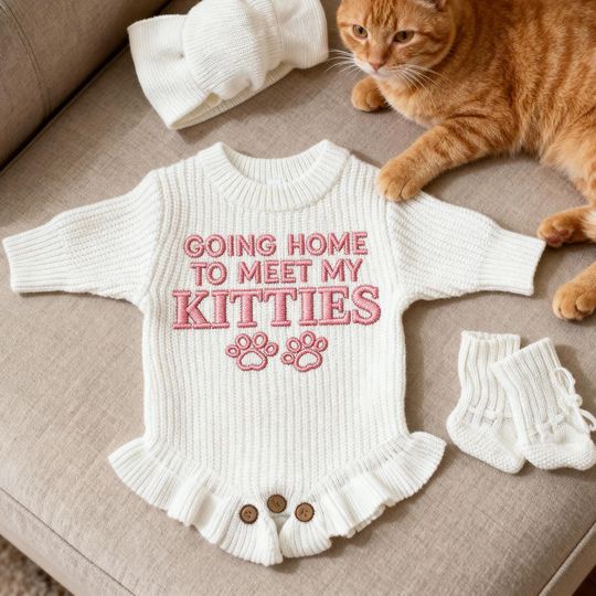 Going Home to Meet My Kitties Baby Romper, Embroidered Ruffle Sweater, Baby Outfit