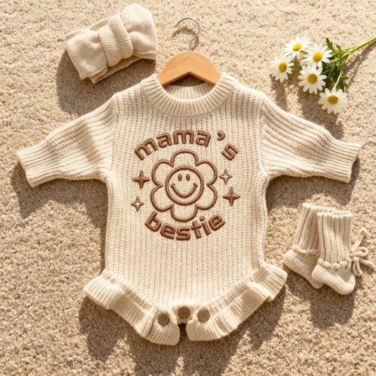 Discover Embroidered Mama's Bestie Ruffle Baby Romper, Newborn Outfit, Sunflower Babies Bodysuit, Baby Girl Gift