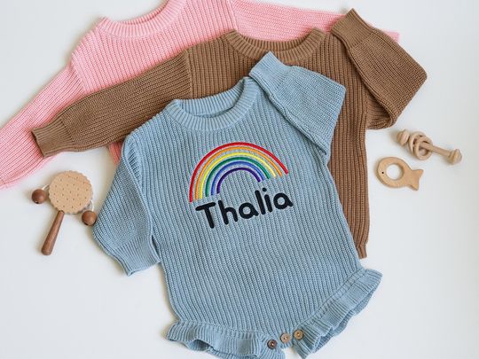 Discover Custom Name Baby Sweater Romper, Embroidered Rainbow Cotton Newborn Clothes, Baby Shower Gift