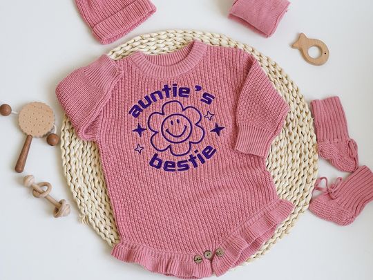 Discover Baby Sweater Romper with Embroidery Auntie's Bestie, Sunflower Cotton Baby Clothes, Gift from Aunt
