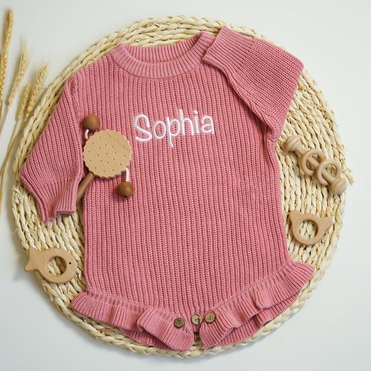 Custom Name Ruffle Sweater Romper, Embroidered Baby Girl Cotton Outfit, Newborn Gift