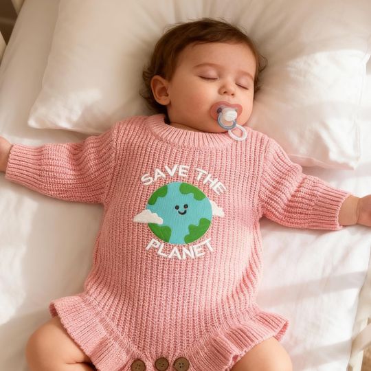 Discover Embroidered Save The Planet Baby Bodysuit, Cotton Ruffle Newborn Romper, Earth Day Gift