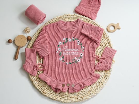 Discover Baby Ruffle Sweater Romper with Custom Name, Embroidered Flower Cotton Clothes, Baby Shower Gift