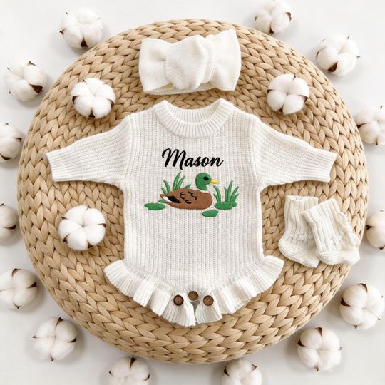 Discover Custom Name Mallard Duck Baby Bodysuit, Embroidered Duck Romper, Hunting Boy Outfit, Newborn Gift