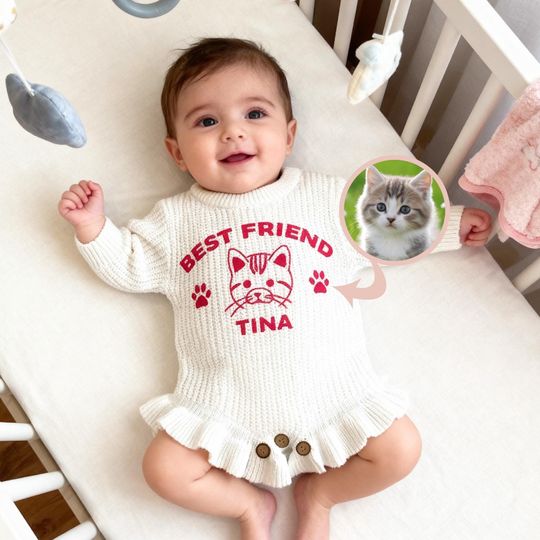 Discover Custom Pet Portrait Baby Romper, Embroidered Cat Dog Baby Outfit, Organic Cotton Newborn Bodysuit