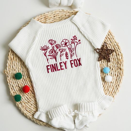 Discover Embroidered Wildflower Cotton Newborn Outfit, Personalized Name Baby Sweater Romper, Baby Gift Bodysuit