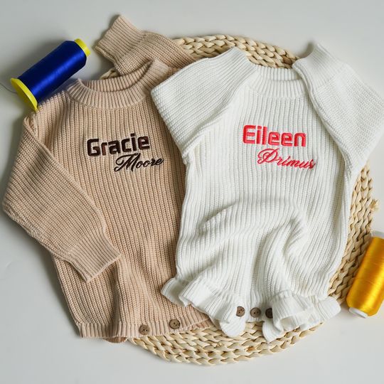 Discover Custom Name Baby Sweater Romper, Embroidered Cotton Infant Romper, Crawl Outfit, First Birthday Gift
