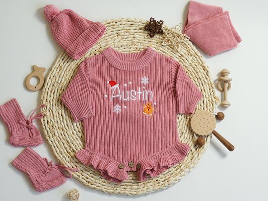Discover Custom Baby Christmas Romper, Knit Cotton Romper with Name, Holiday Outfit for  Girl