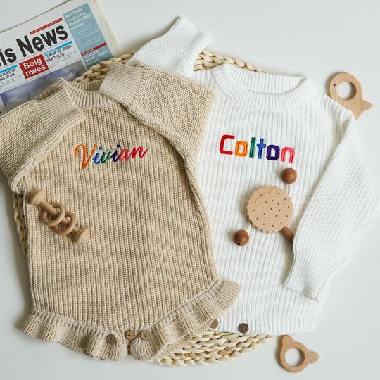 Discover Custom Rainbow Name Baby Sweater Romper, Embroidered Cotton Infant Crawl Outfit, First Birthday Gift