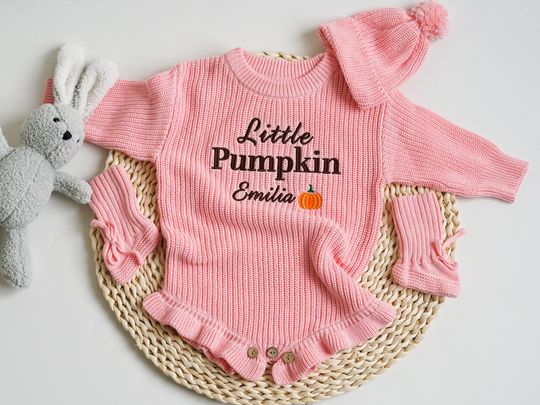 Discover Baby Sweater Romper with Custom Name, Embroidered Little Pumpkin Cotton Clothes, Newborn Halloween Present