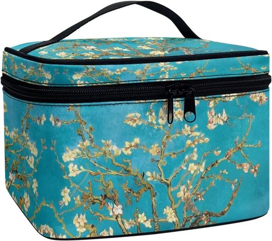 Dolyues Almond Blossom Makeup Bag for Women Flower Print Cosmetic Case with Handle Travel Toiletry Pouch