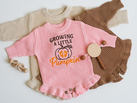 Discover Growing a Little Pumpkin Baby Sweater Romper, Embroidered Halloween Outfit , Baby Girl Gift