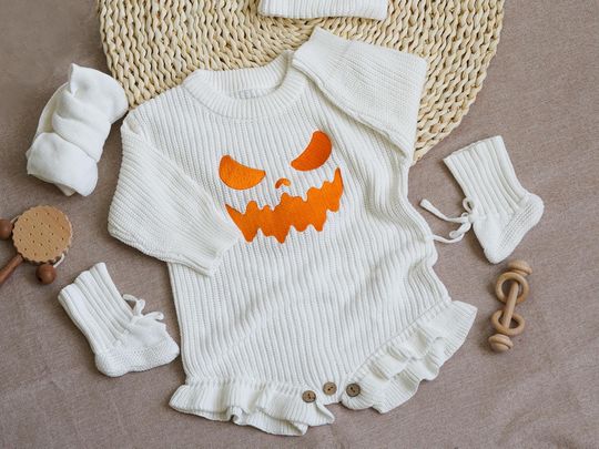 Discover Embroidered Pumpkin Face Baby Sweater Romper, Ruffle Cotton Clothes, Newborn Halloween Present