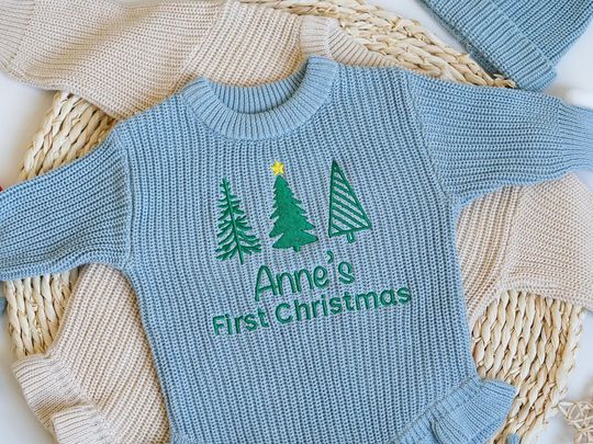 Discover Personalized Name Baby Romper, Knit Cotton Sweater with Christmas Tree, Newborn Holiday Gifts