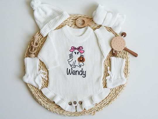 Discover Embroidered Ghost Pumpkin Baby Sweater Romper, Custom Name Halloween Outfit , Newborn Gift